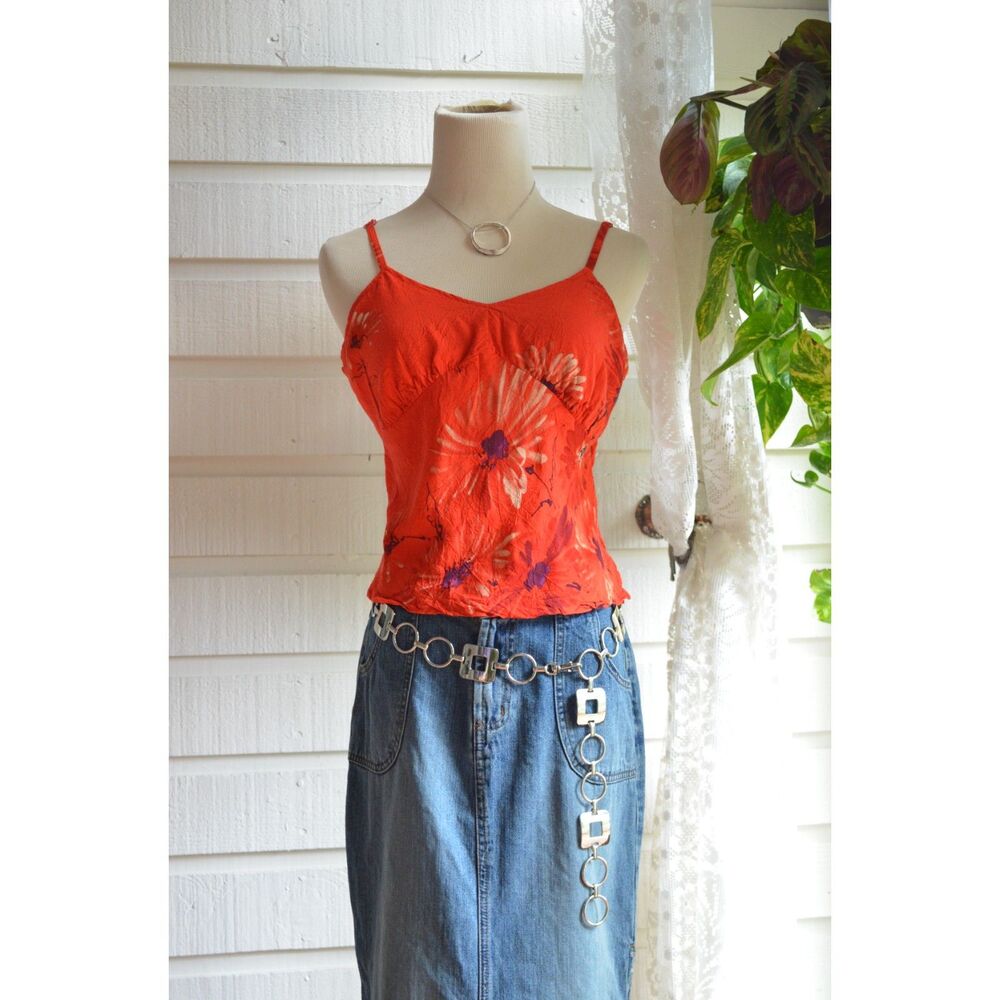 Vintage 90's/Y2K Jams World Red Floral Cami Crushed Rayon Made in USA - L